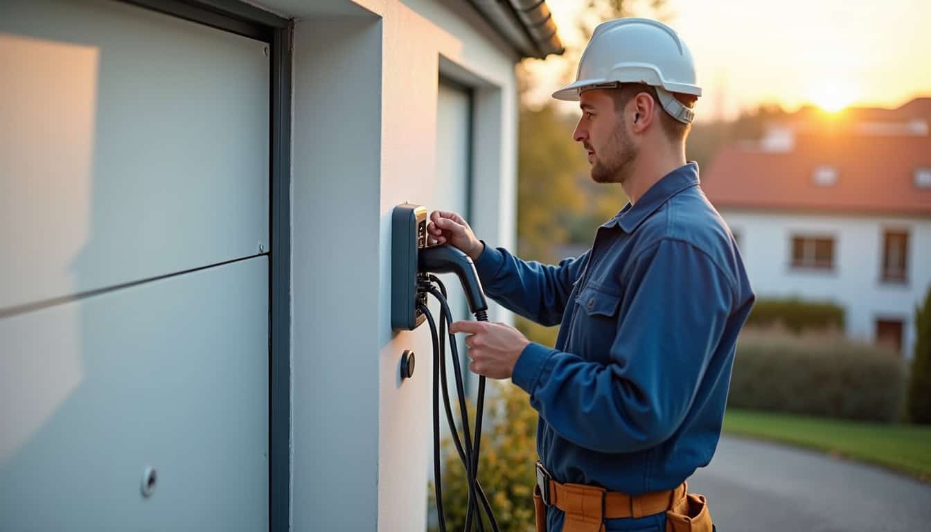 Technicien en train d'installer une borne de recharge électrique à Maubeuge