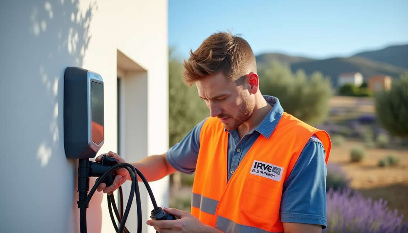 Technicien en train d'installer une borne de recharge électrique à Maussane-les-Alpilles