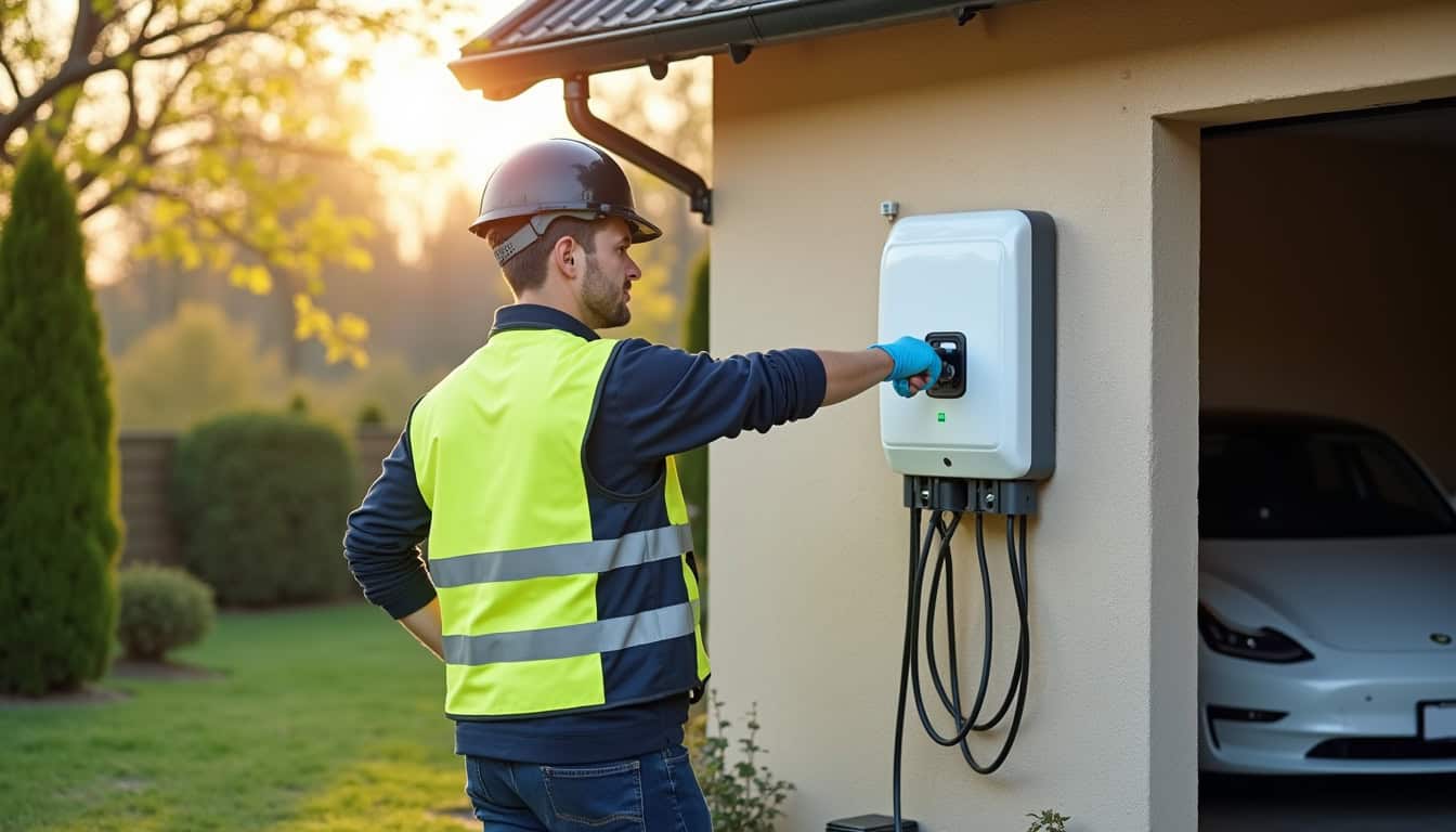 Technicien en train d’installer une borne de recharge électrique à Meistratzheim