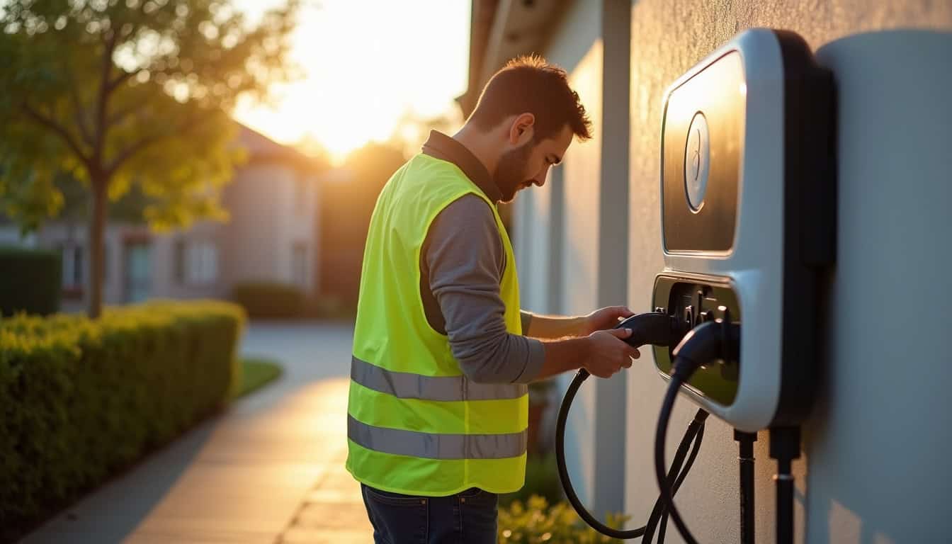 Technicien en train d'installer une borne de recharge électrique à Michery