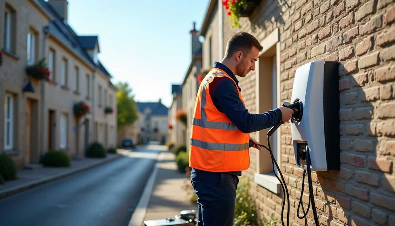 Technicien en train d'installer une borne de recharge électrique à Plénée-Jugon