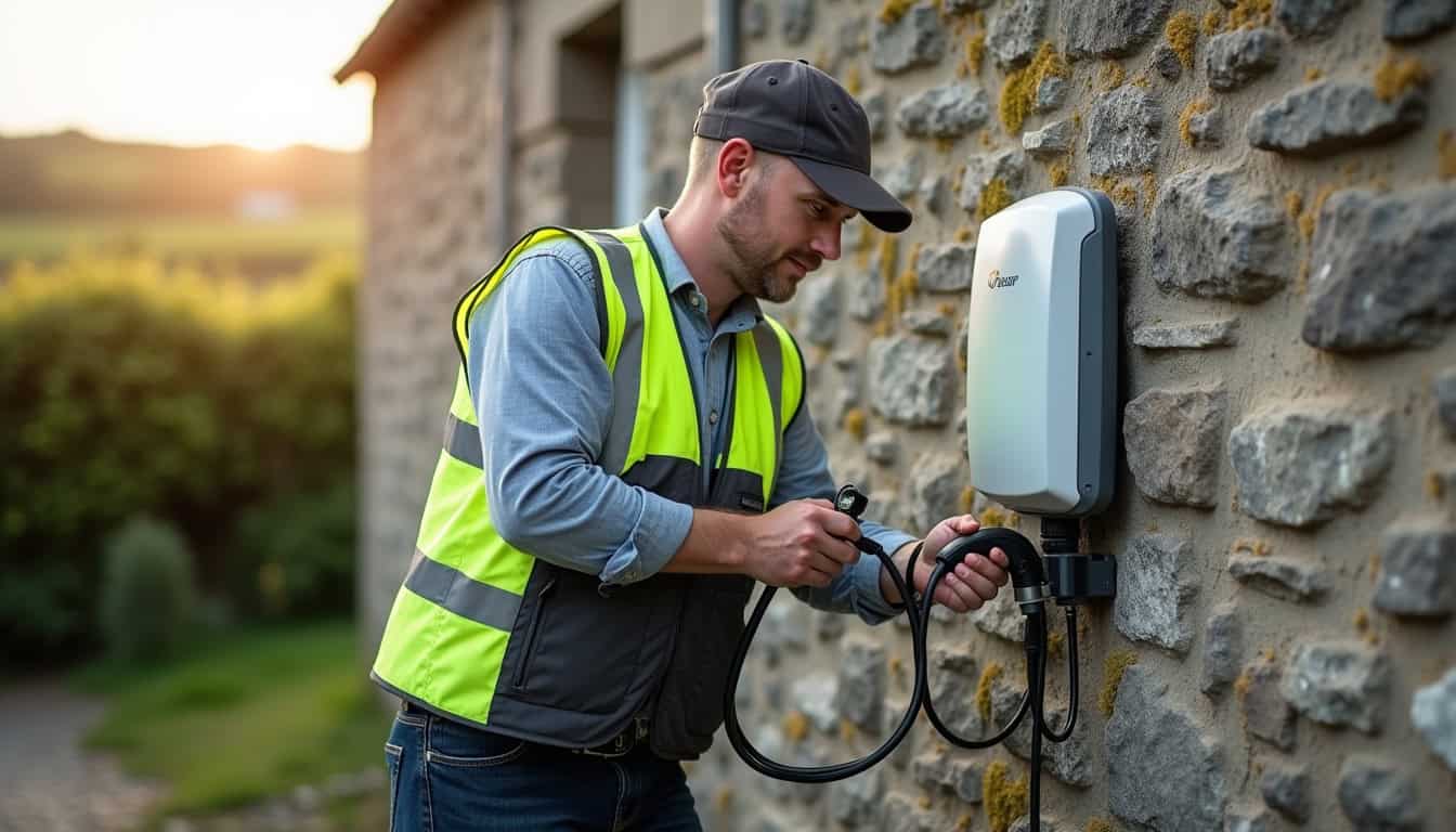 Technicien en train d'installer une borne de recharge électrique à Pleslin-Trigavou