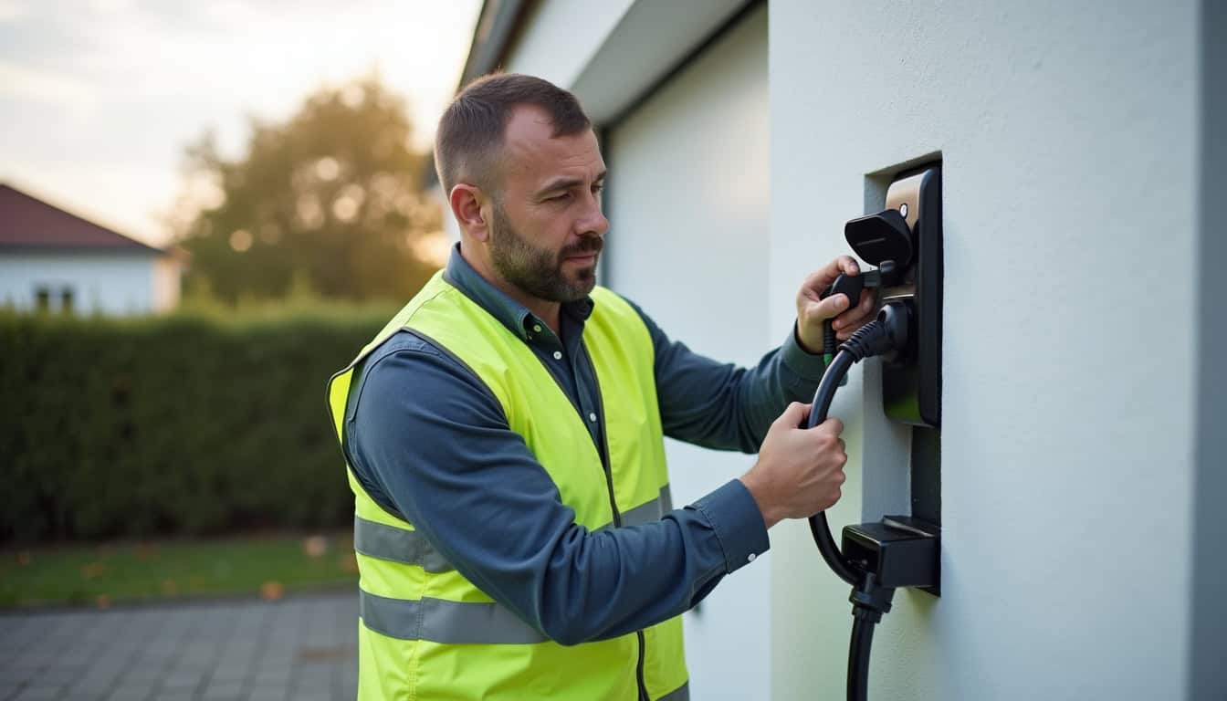 Technicien en train d'installer une borne de recharge électrique à Pouzauges
