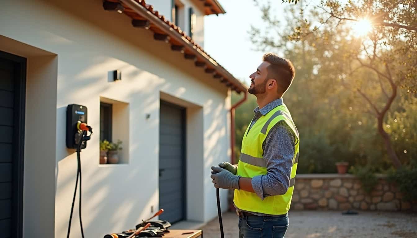 Technicien en train d'installer une borne de recharge électrique à Rousson