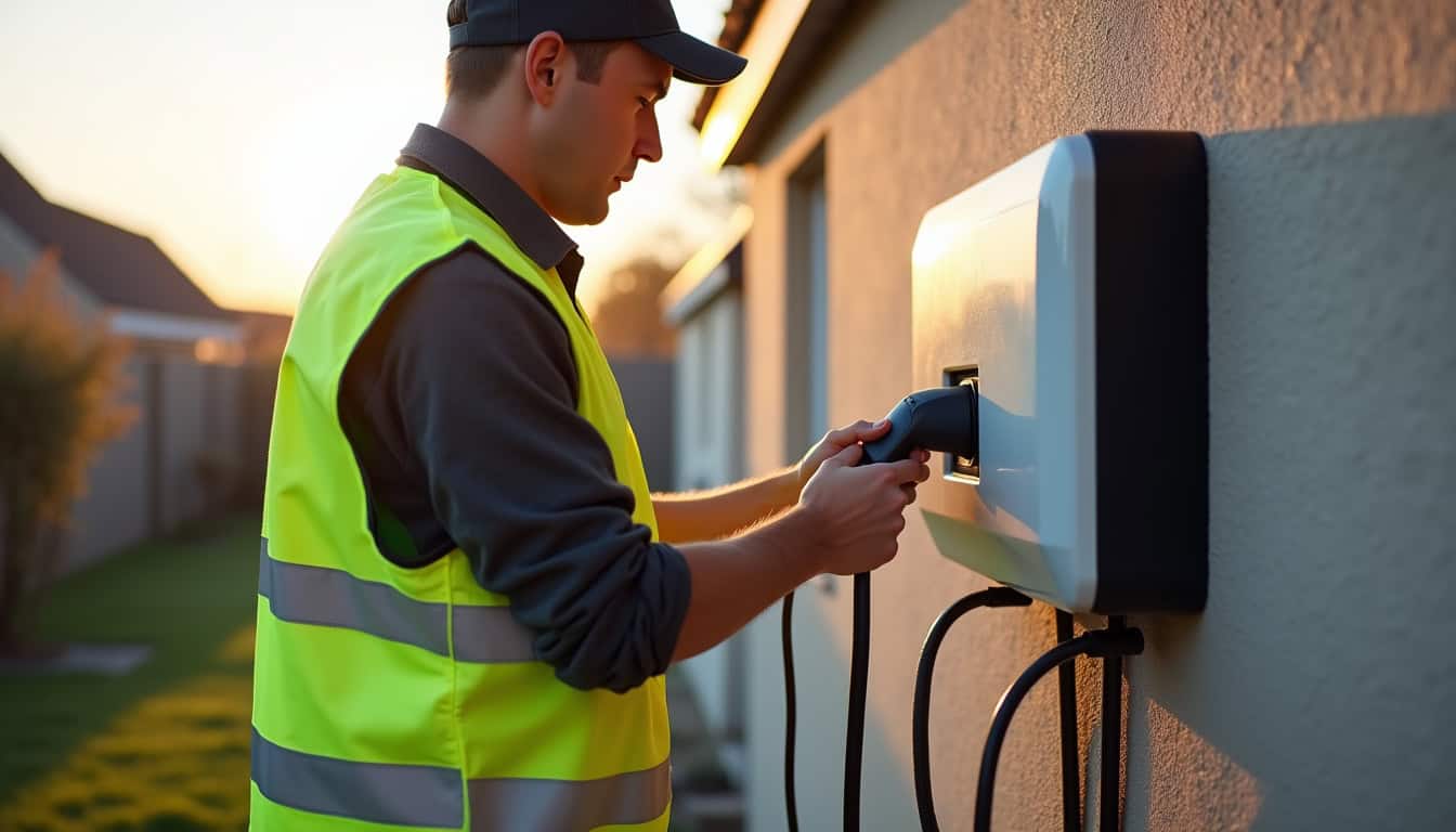 Technicien en train d'installer une borne de recharge électrique à Saint-Étienne-de-Montluc