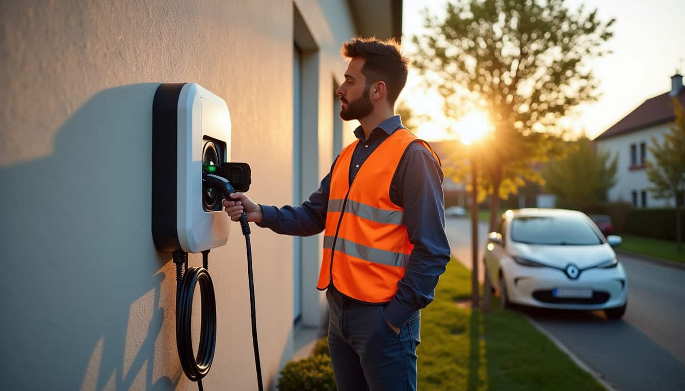 Technicien en train d'installer une borne de recharge électrique à Saint-Yorre