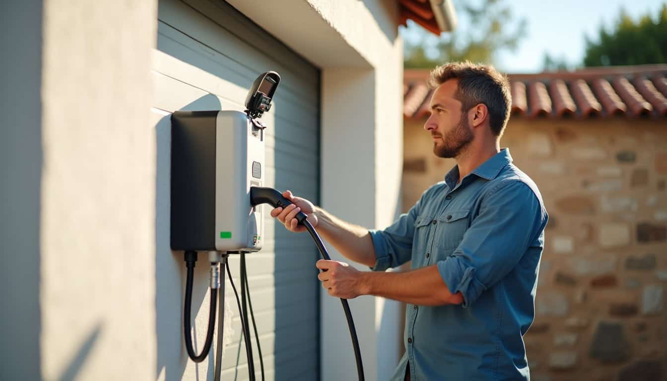 Technicien en train d'installer une borne de recharge électrique à Saleilles