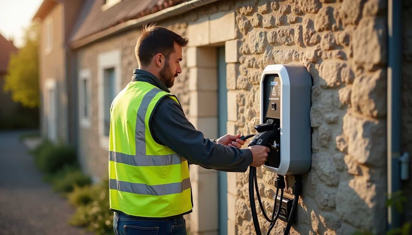 Technicien en train d’installer une borne de recharge électrique à Senillé-Saint-Sauveur