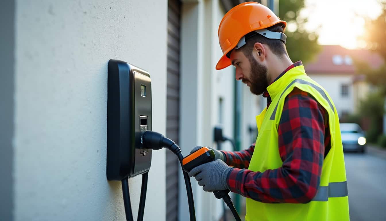 Technicien en train d'installer une borne de recharge électrique à Serquigny, avec équipement de sécurité et matériel professionnel