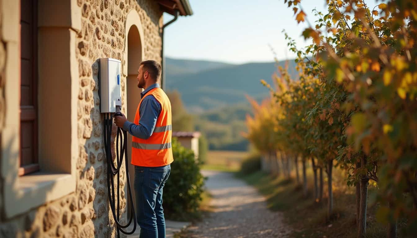 Technicien en train d'installer une borne de recharge électrique à Thomery