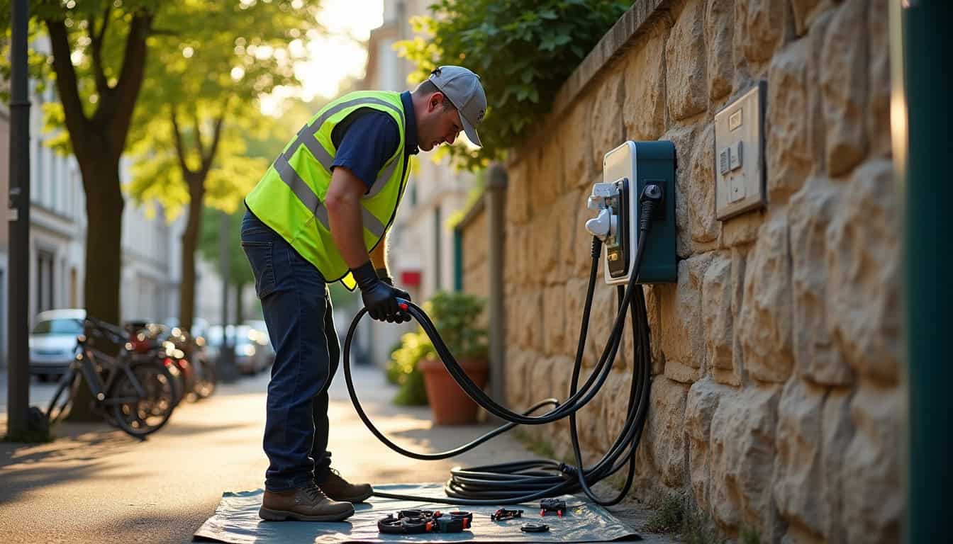 Technicien en train d'installer une borne de recharge électrique à Tournon-sur-Rhône