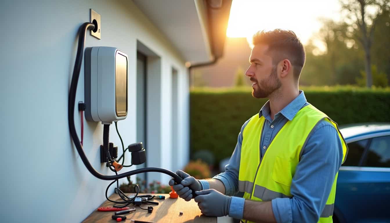 Technicien en train d'installer une borne de recharge électrique à Tourville-sur-Odon
