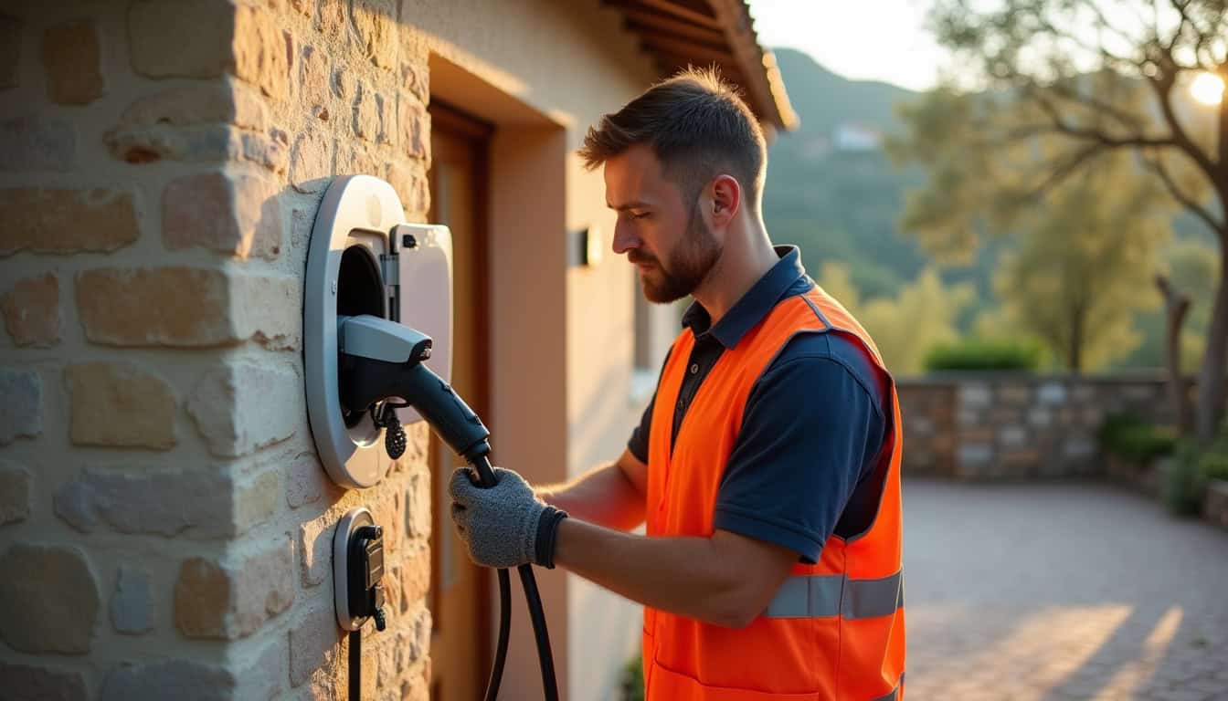 Technicien en train d'installer une borne de recharge électrique à Vacqueyras