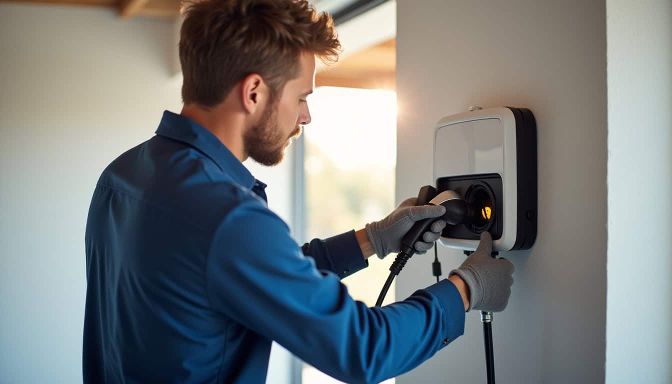 Technicien en train d'installer une borne de recharge électrique à Vedène