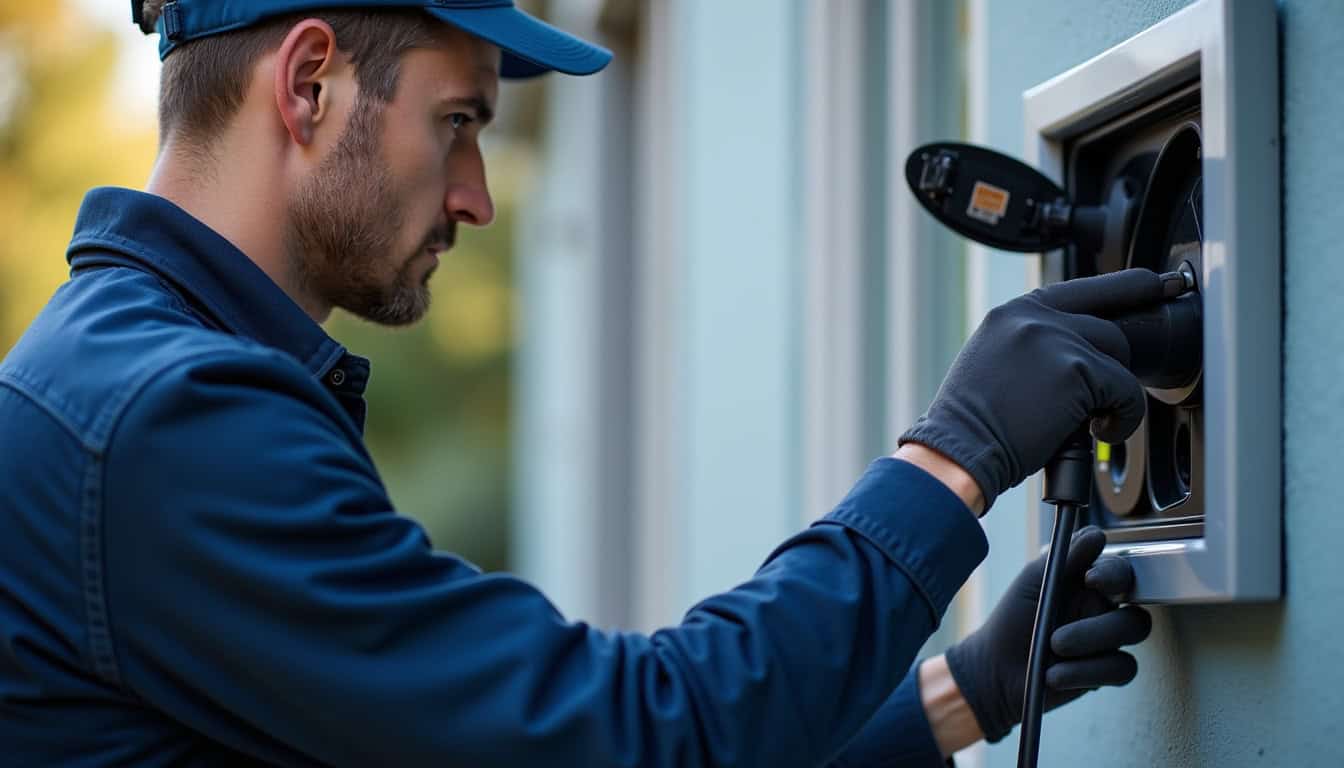 Technicien en train d'installer une borne de recharge électrique à Vieillevigne