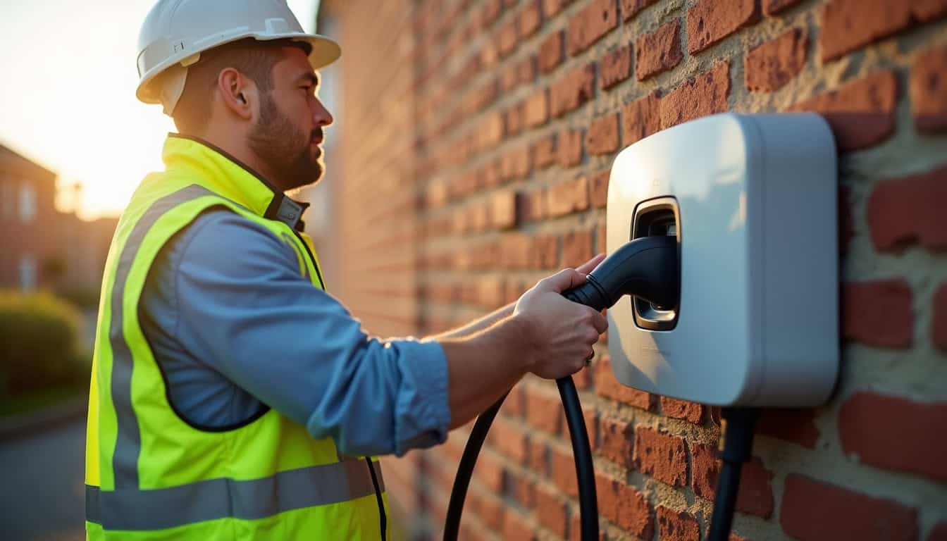 Technicien en train d'installer une borne de recharge électrique à Warcq