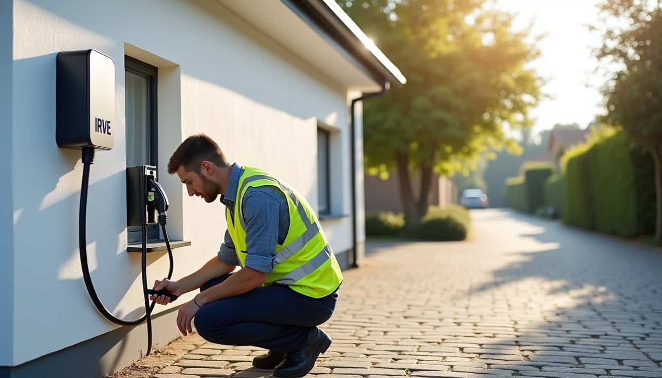 Technicien en train d'installer une borne de recharge électrique certifiée IRVE à Saint-Cyr-sur-Menthon
