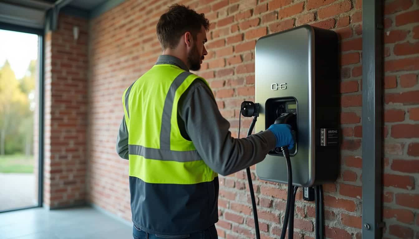 Technicien en train d'installer une borne de recharge électrique certifiée IRVE