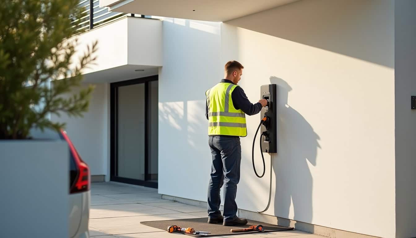 Technicien en train d’installer une borne de recharge électrique chez un particulier à Lucinges