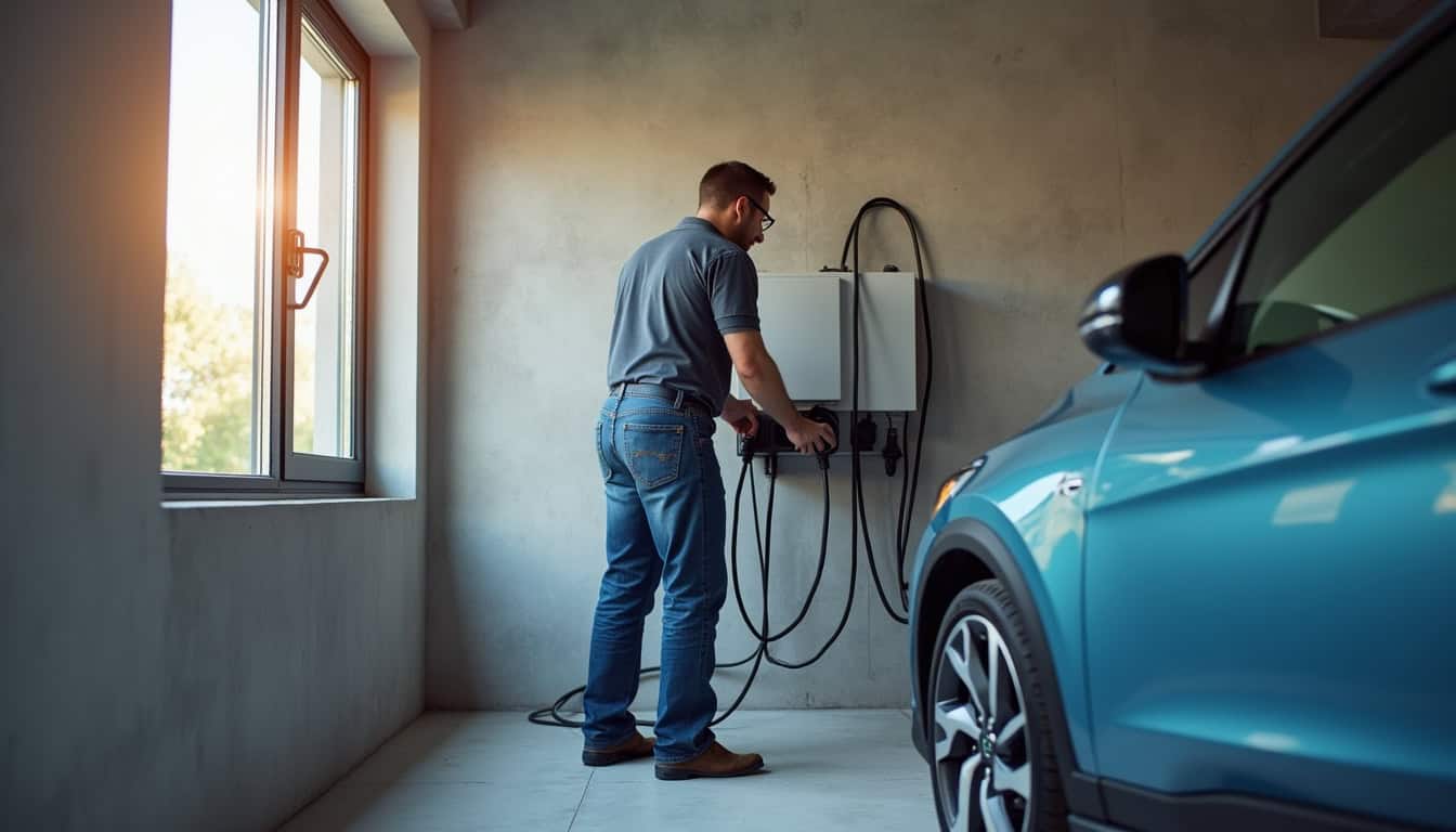 Technicien en train d'installer une borne de recharge électrique dans un garage à Anzin