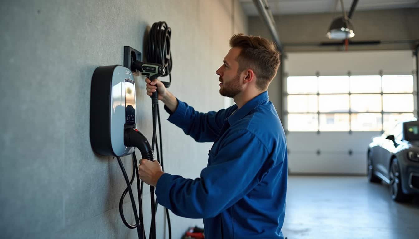 Technicien en train d'installer une borne de recharge électrique dans un garage à Chaillevette