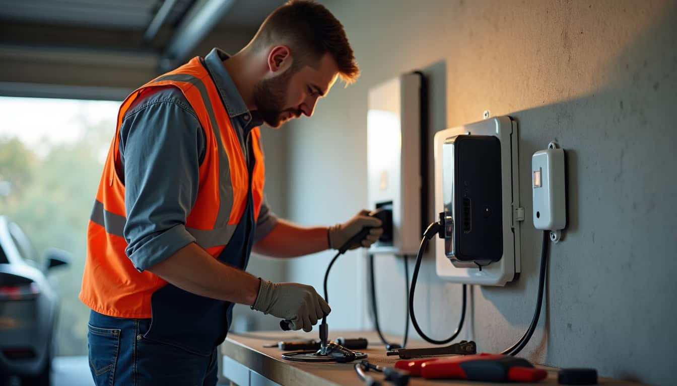 Technicien en train d’installer une borne de recharge électrique dans un garage à Dreux