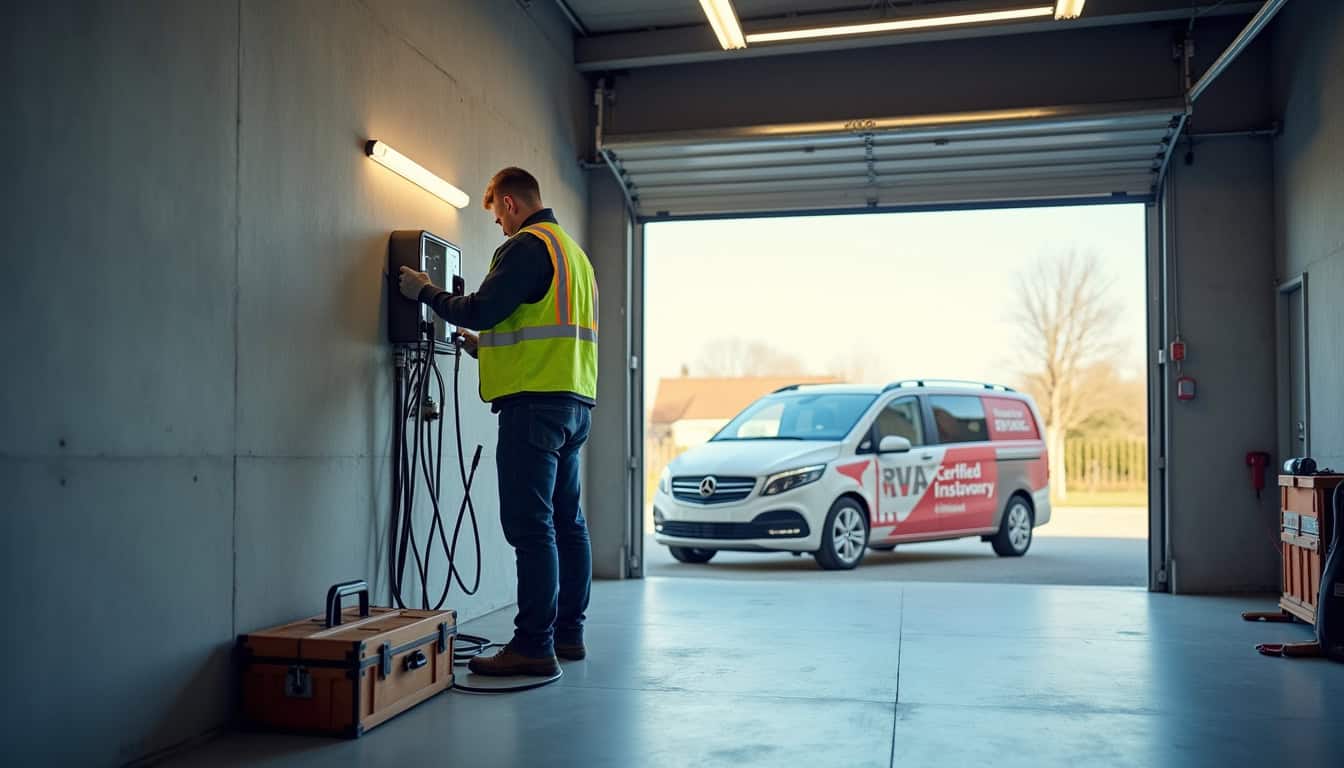 Technicien en train d'installer une borne de recharge électrique dans un garage à Écrouves
