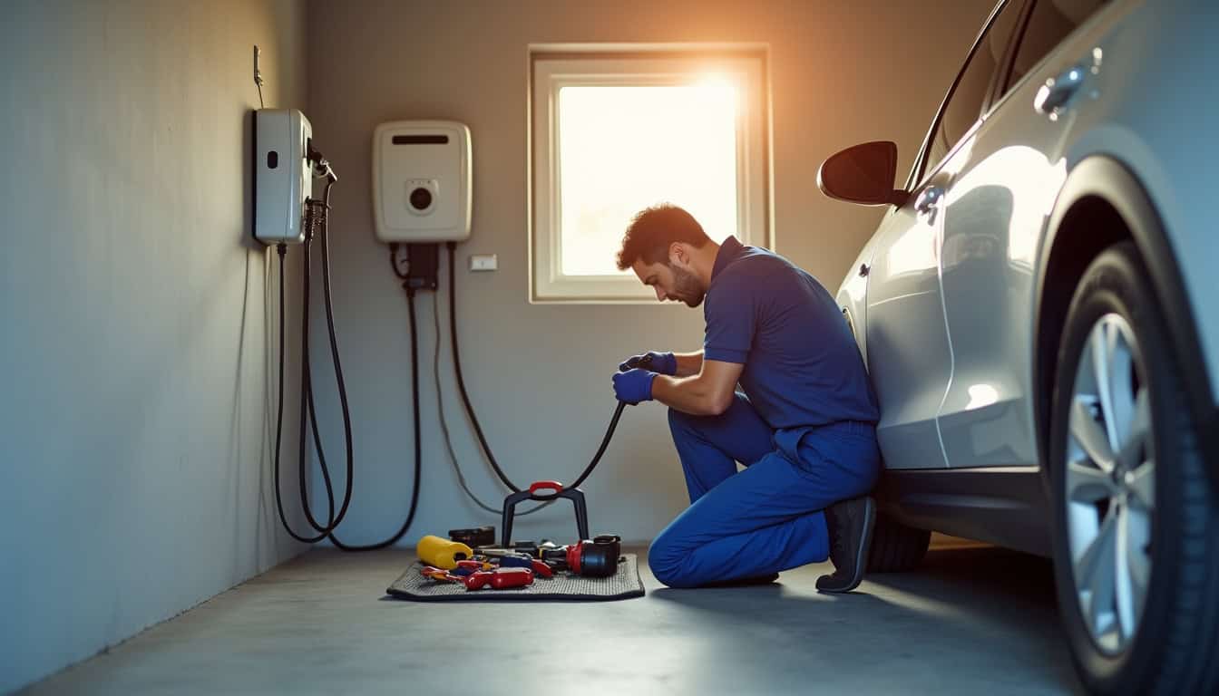 Technicien en train d'installer une borne de recharge électrique dans un garage à Labastidette