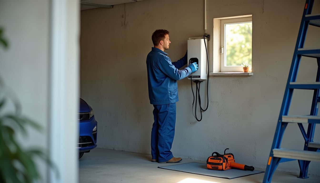 Technicien en train d'installer une borne de recharge électrique dans un garage à Les Hauts d'Anjou