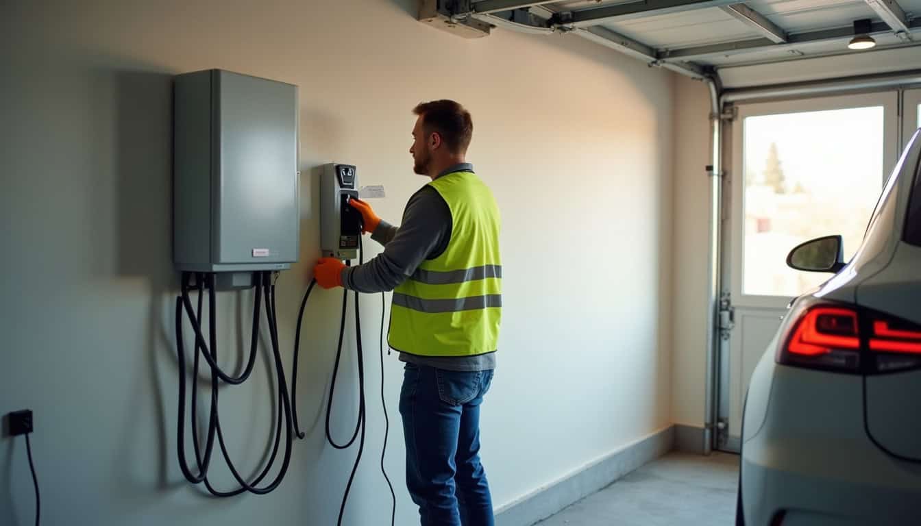 Technicien en train d'installer une borne de recharge électrique dans un garage à Lorient