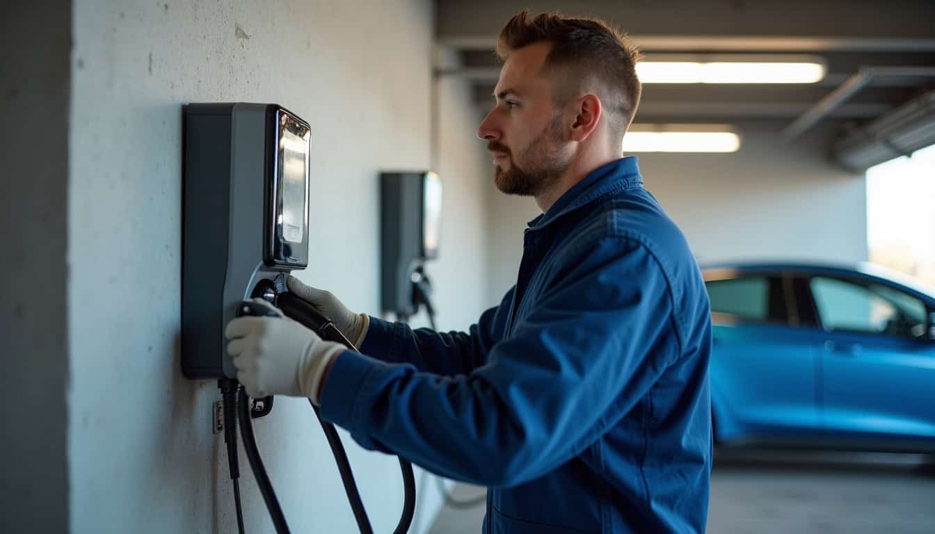 Technicien en train d'installer une borne de recharge électrique dans un garage à Mary-sur-Marne