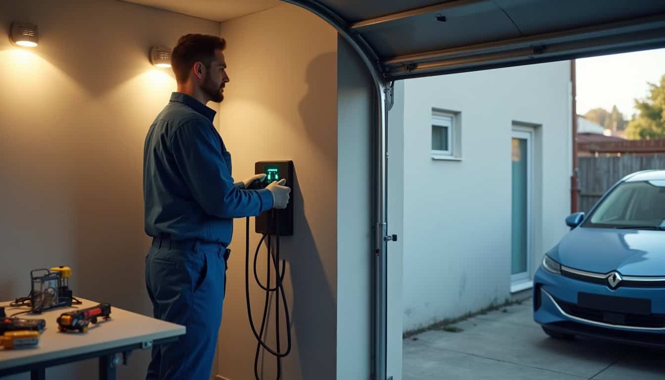 Technicien en train d’installer une borne de recharge électrique dans un garage à Menneval