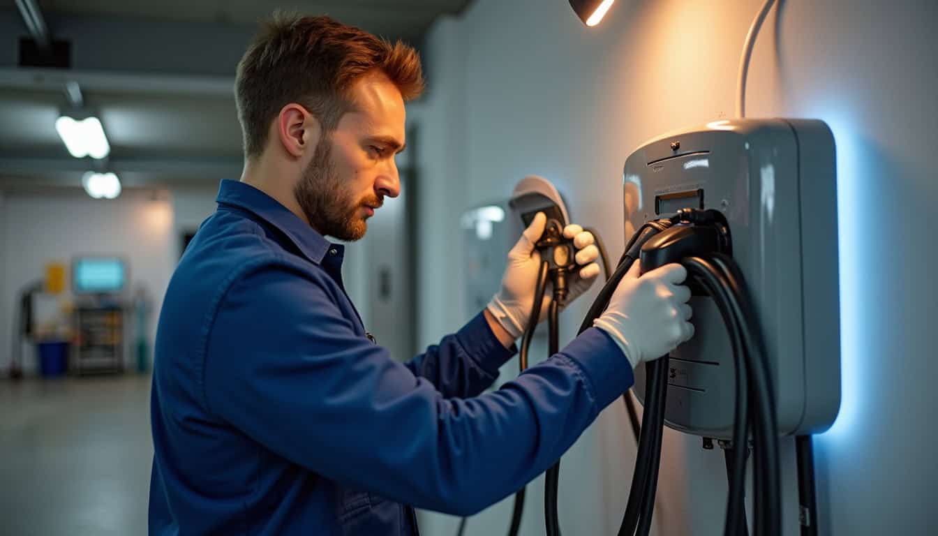 Technicien en train d’installer une borne de recharge électrique dans un garage à Metz