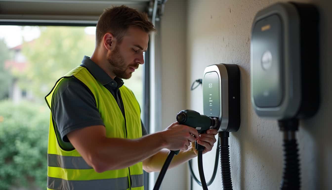 Technicien en train d'installer une borne de recharge électrique dans un garage à Morestel