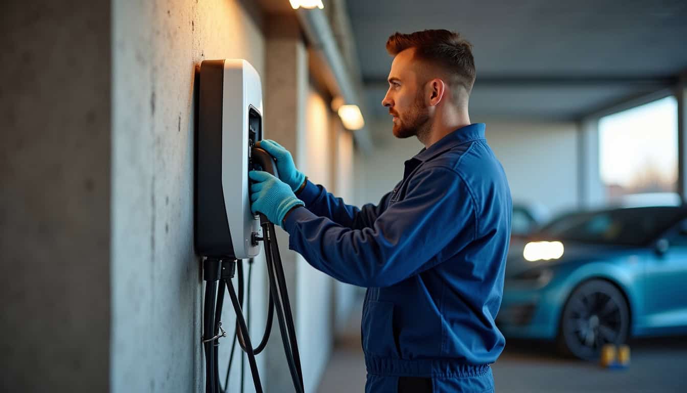 Technicien en train d'installer une borne de recharge électrique dans un garage à Prahecq
