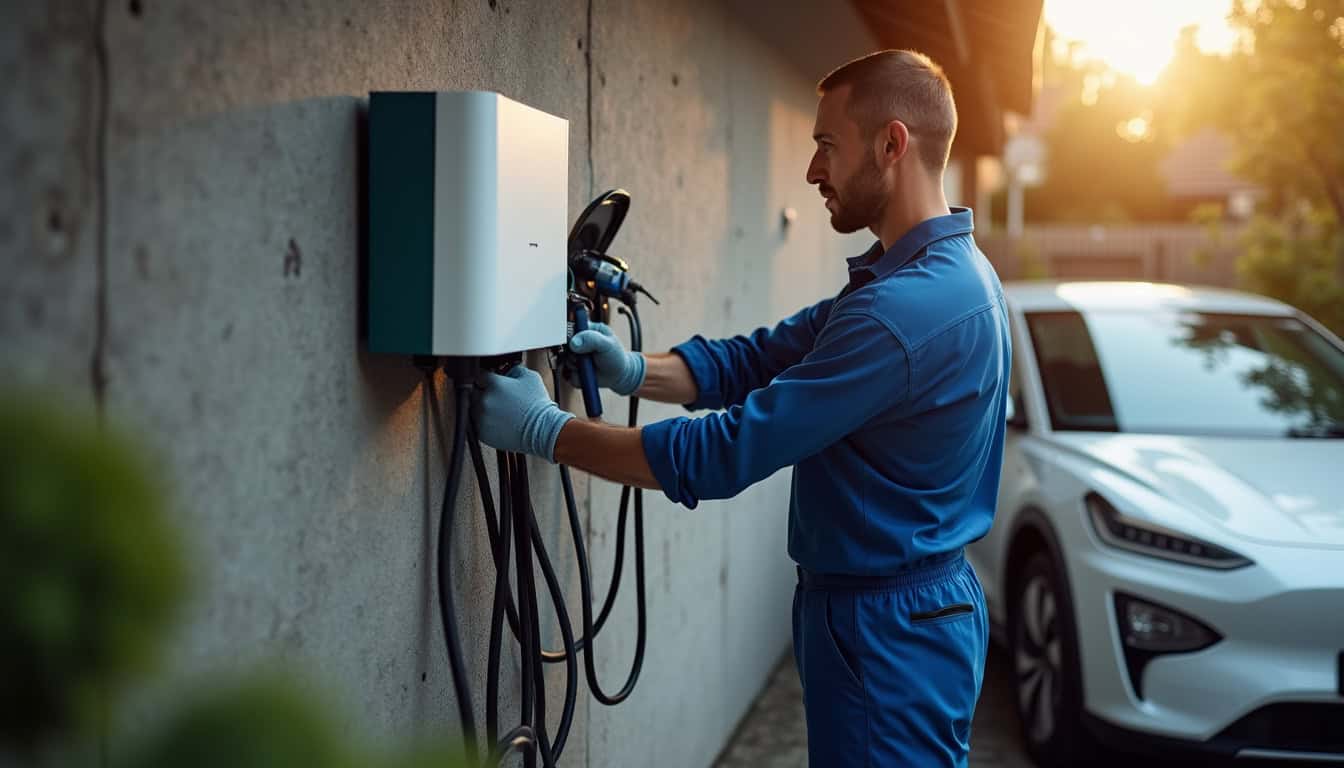 Technicien en train d'installer une borne de recharge électrique dans un garage à Rezé