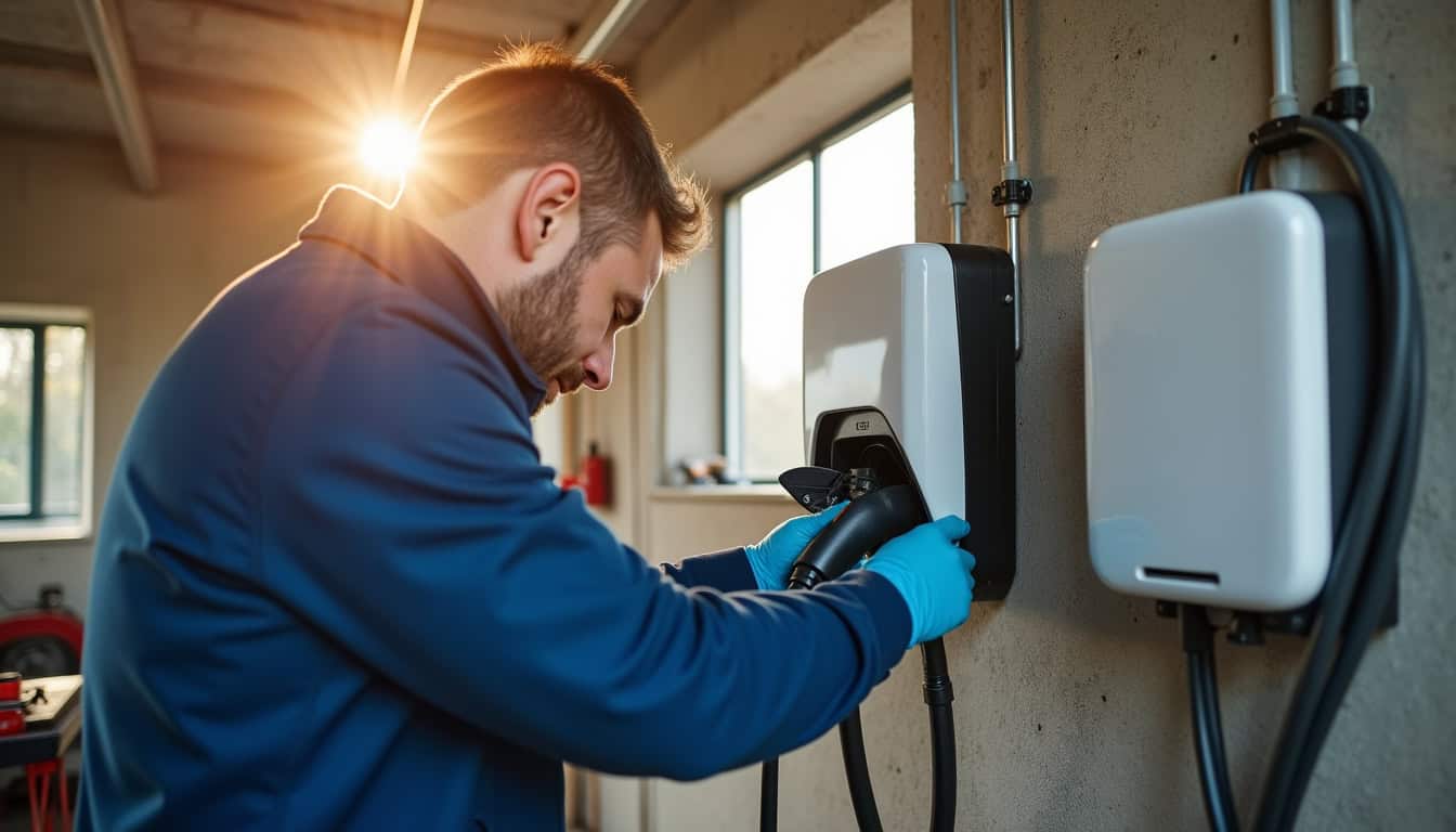 Technicien en train d’installer une borne de recharge électrique dans un garage à Saint-Sorlin-en-Bugey