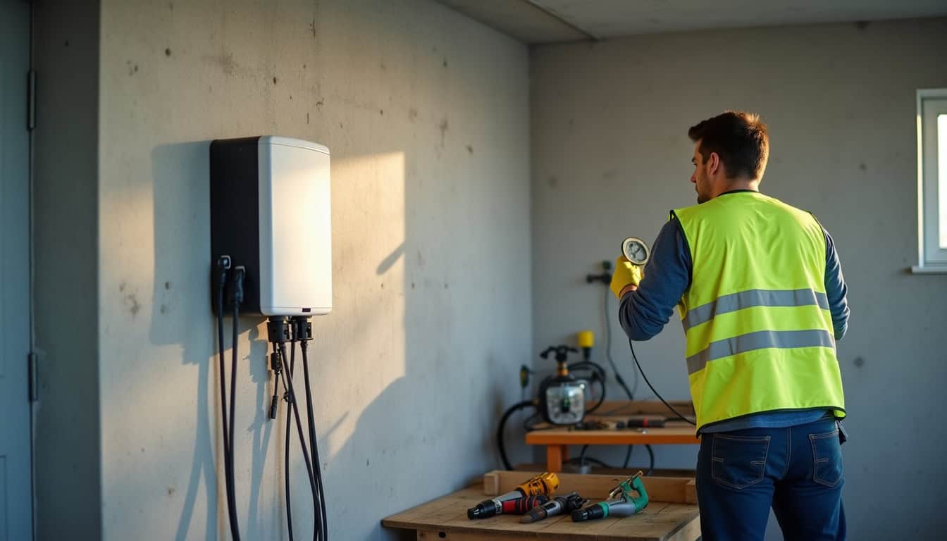 Technicien en train d’installer une borne de recharge électrique dans un garage à Saulxures-sur-Moselotte