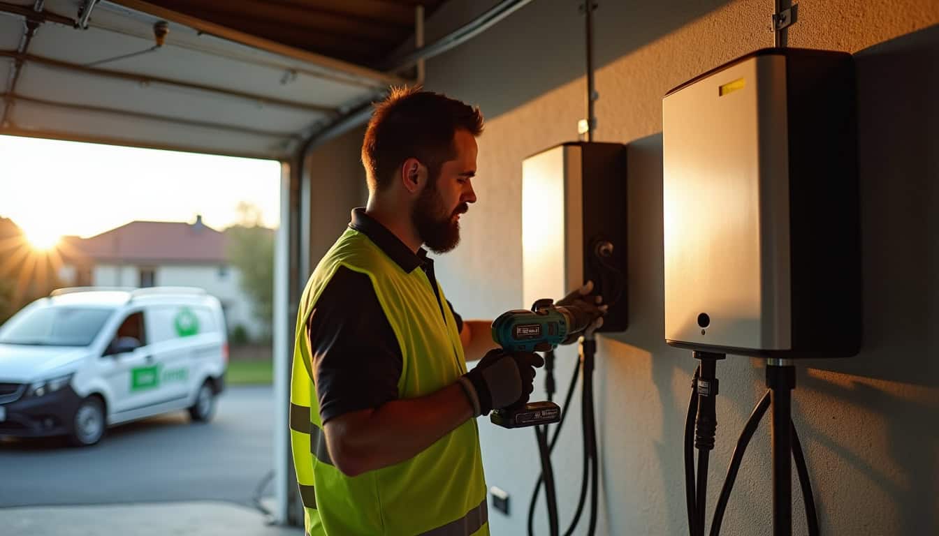 Technicien en train d’installer une borne de recharge électrique dans un garage à Valravillon