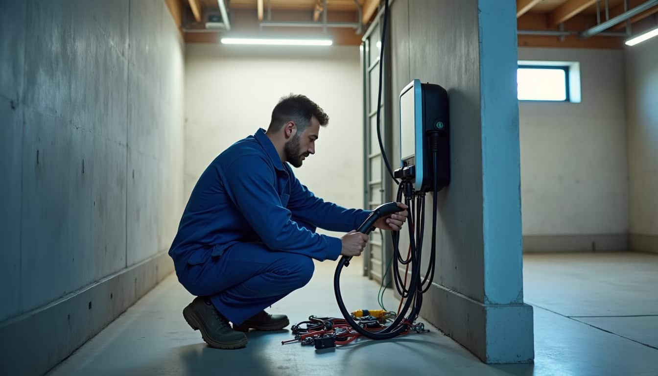 Technicien en train d'installer une borne de recharge électrique dans un garage à Ver-sur-Launette