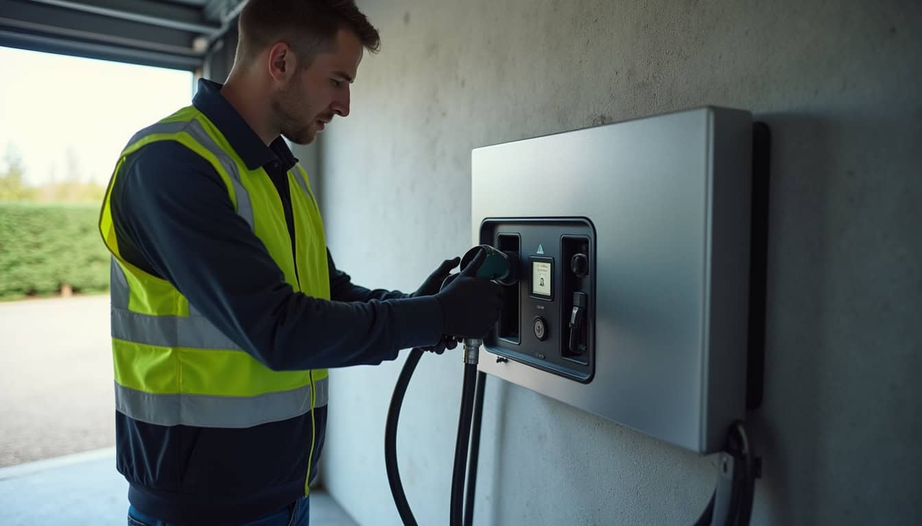 Technicien en train d'installer une borne de recharge électrique dans un garage en Pays de la Loire