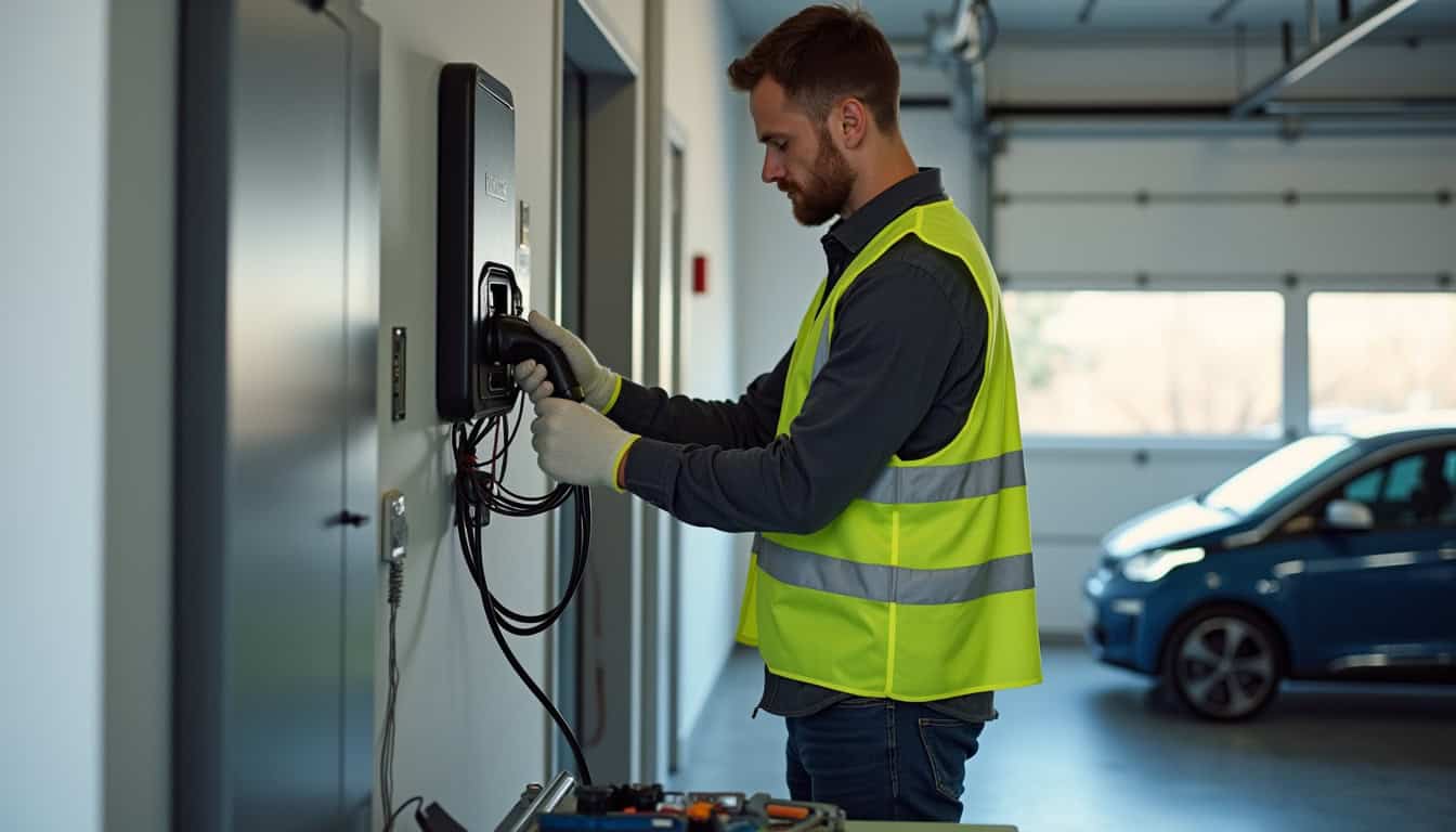 Technicien en train d’installer une borne de recharge électrique dans un garage privé