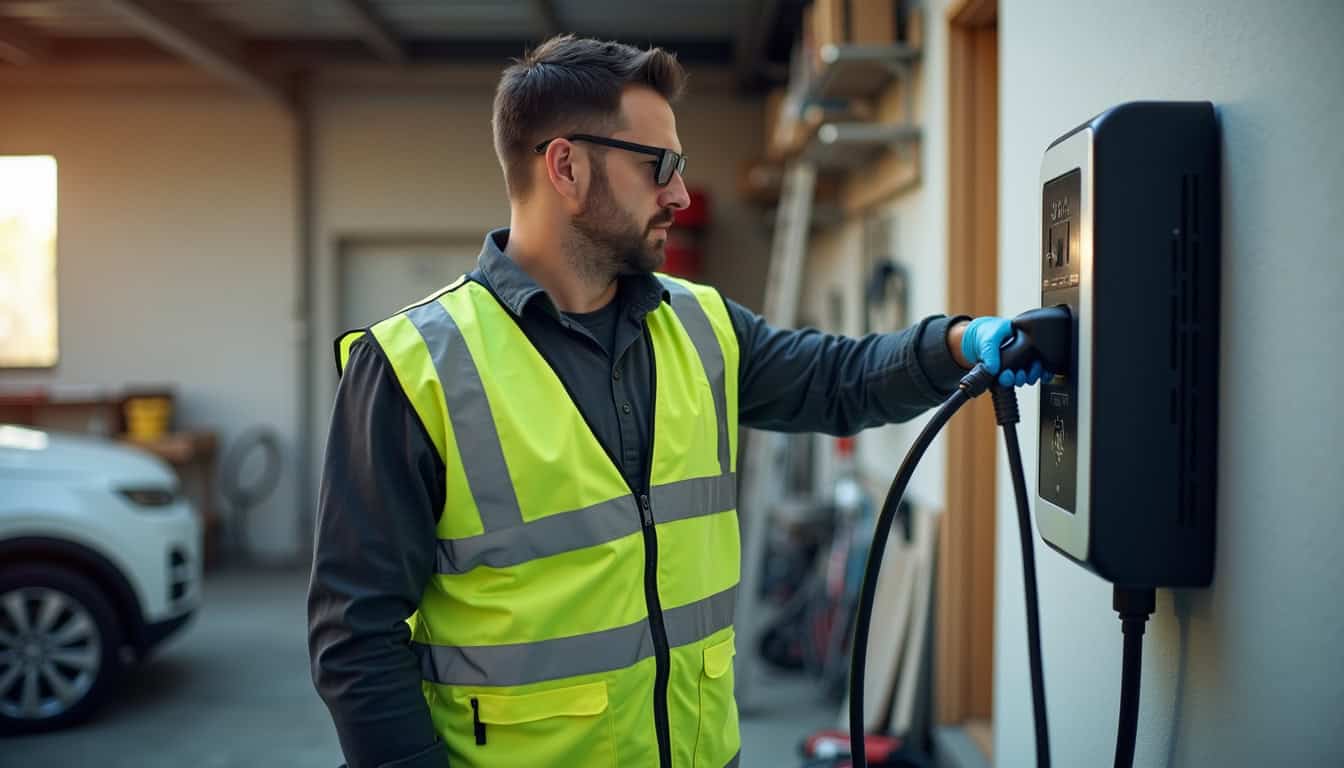 Technicien en train d'installer une borne de recharge électrique dans un garage