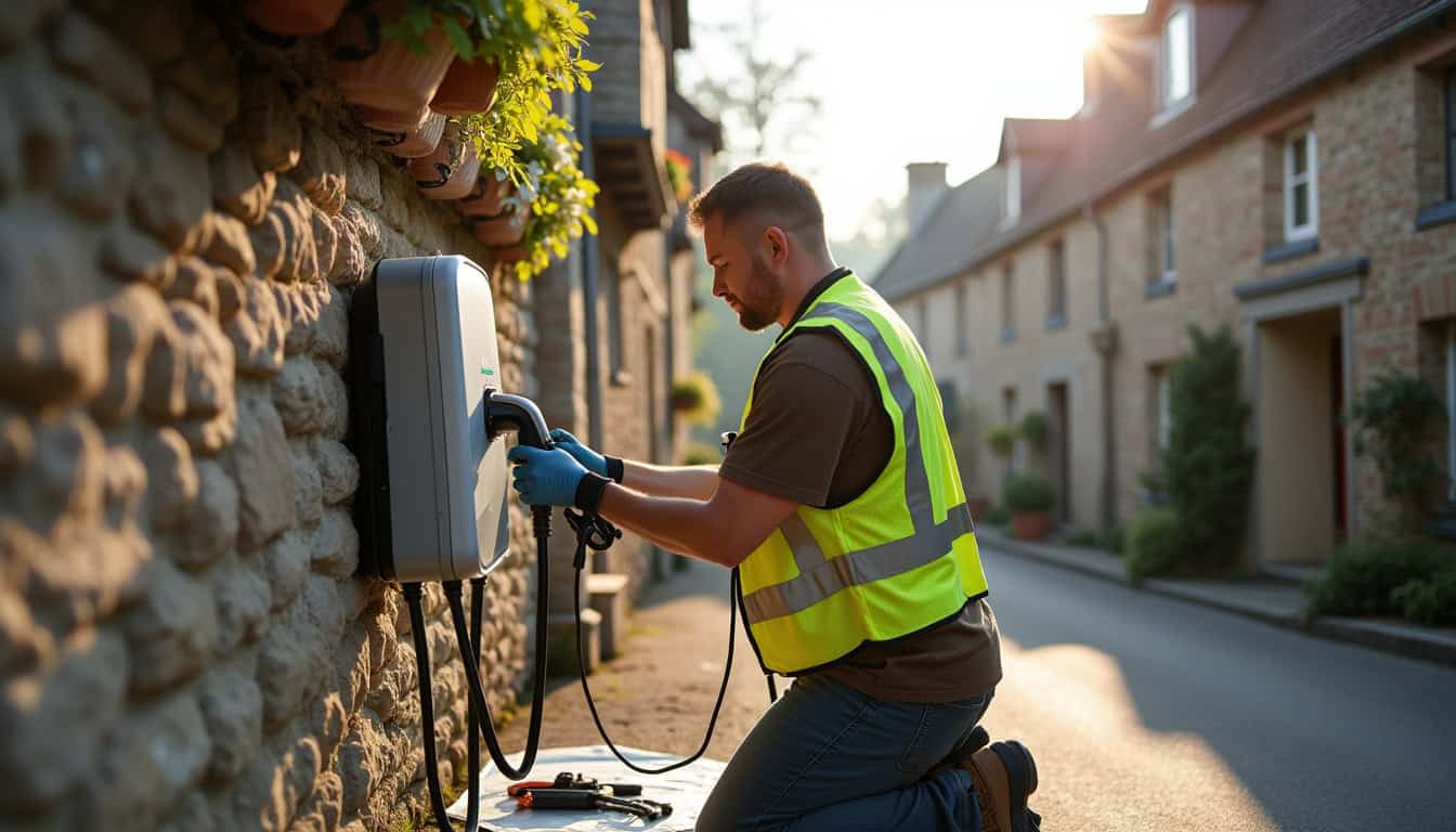 Technicien en train d’installer une borne de recharge électrique dans une commune normande