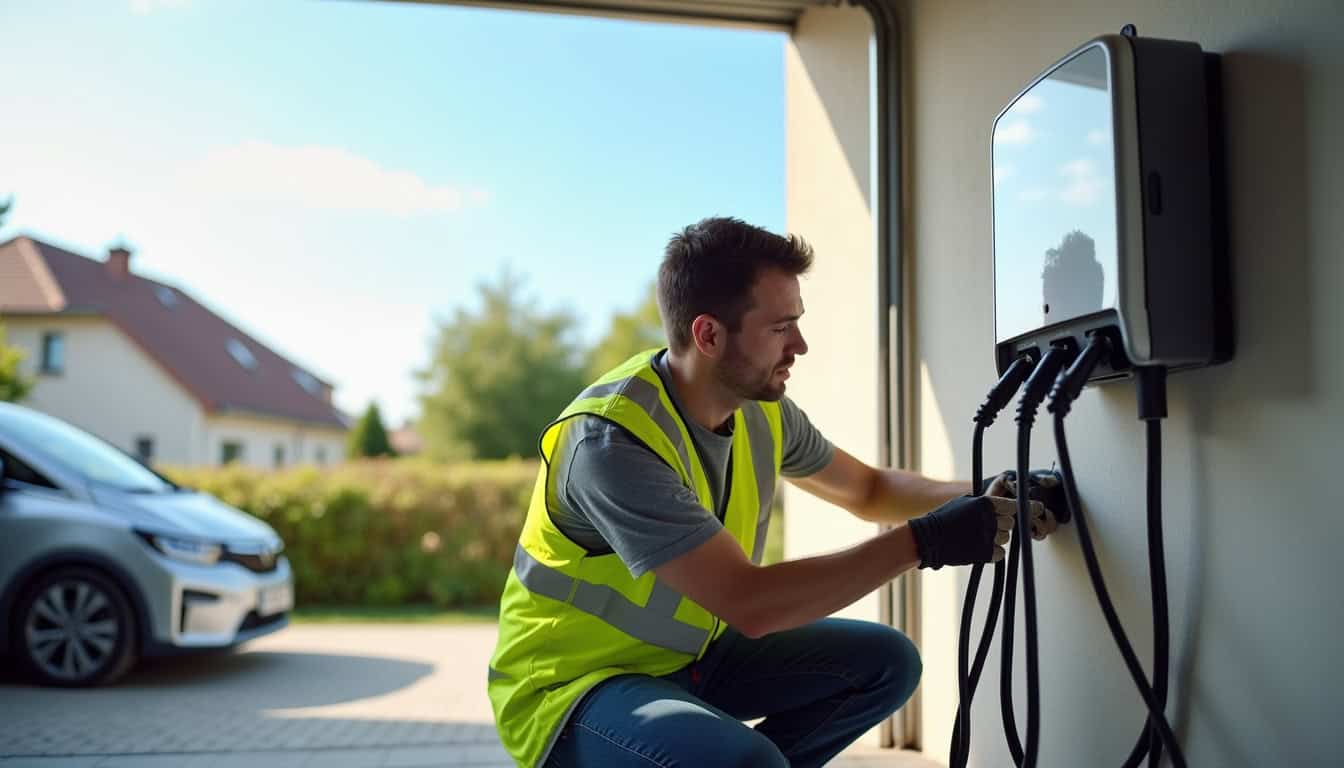 Technicien en train d'installer une borne de recharge électrique dans une habitation à Glières-Val-de-Borne