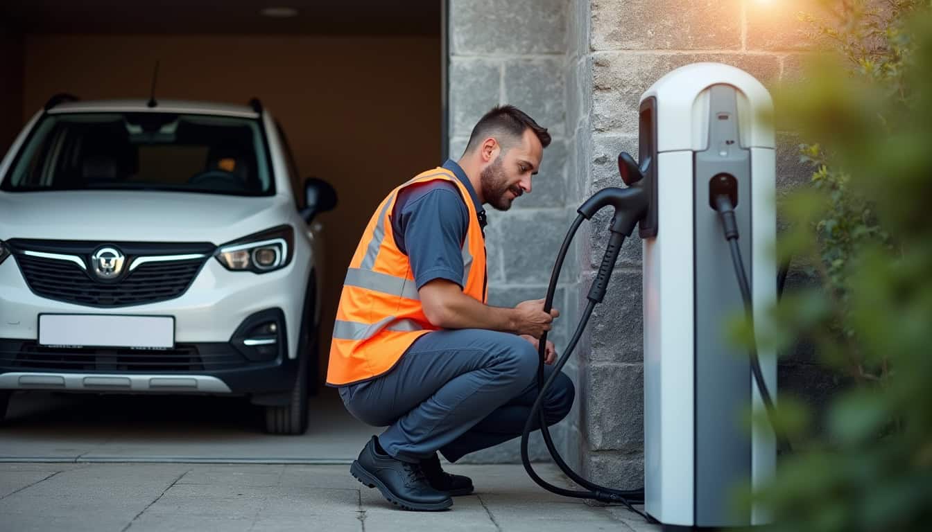 Technicien en train d'installer une borne de recharge électrique devant un garage à Brech