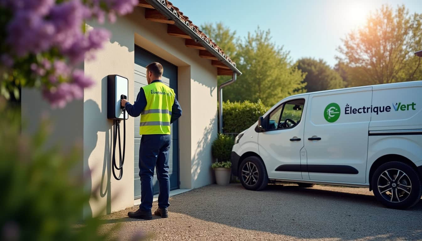Technicien en train d’installer une borne de recharge électrique devant un garage à Dauendorf