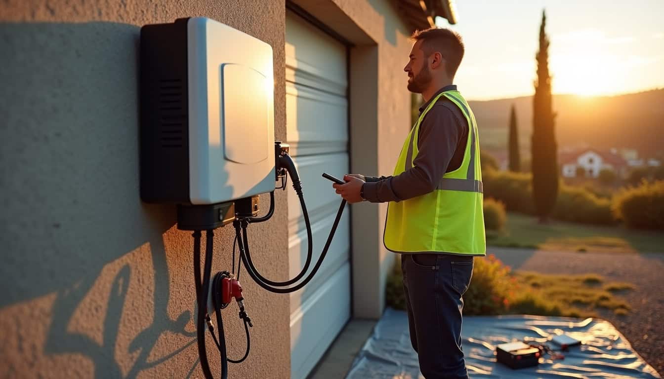 Technicien en train d'installer une borne de recharge électrique devant un garage à Giroussens