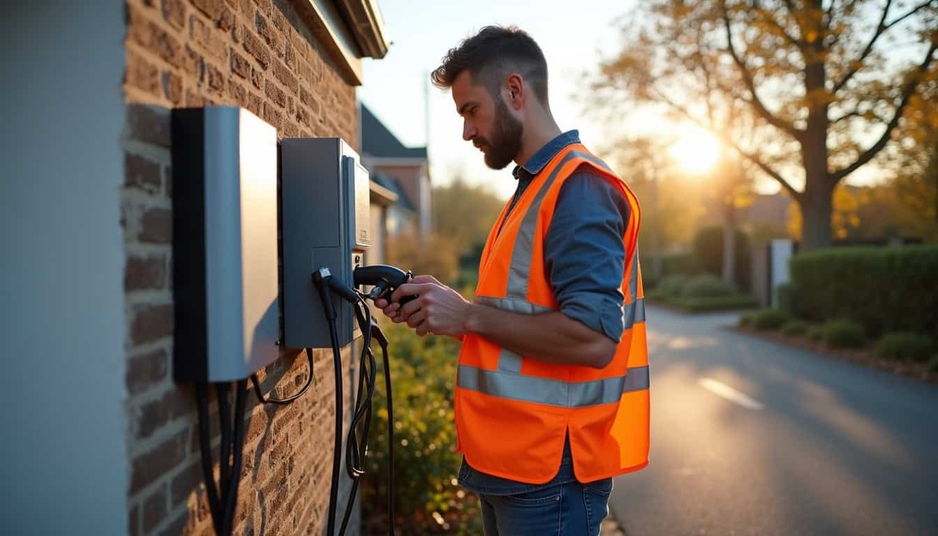 Technicien en train d'installer une borne de recharge électrique devant un pavillon à Châtenay-sur-Seine