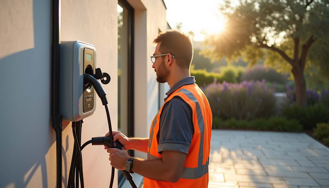 Technicien en train d'installer une borne de recharge électrique devant une maison à Pinet